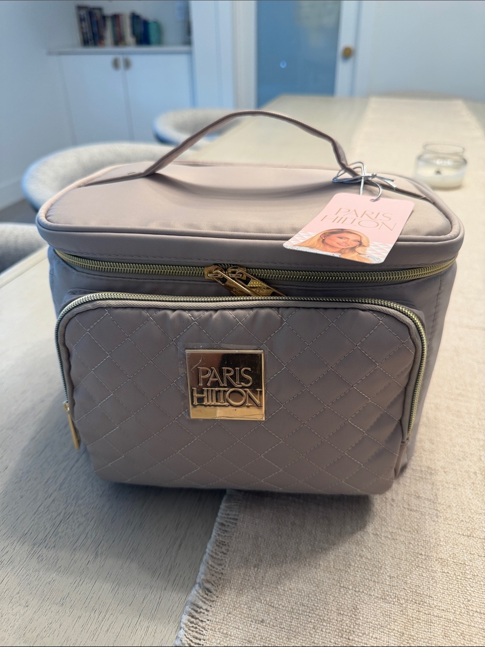 Paris Hilton Taupe Quilted Cosmetic Travel Case with Gold Hardware